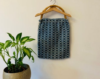 Vintage woven purse, boho blue white tote bag