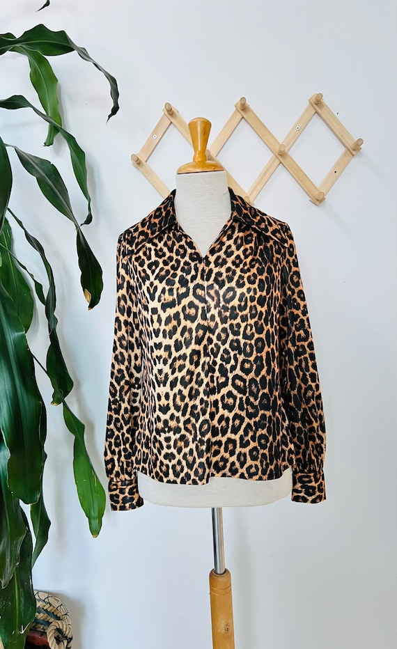 Vintage 1970s blouse, animal print, leopard, long 