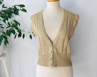 Vintage sweater vest / sleeveless vest, gold metallic  knit/crochet