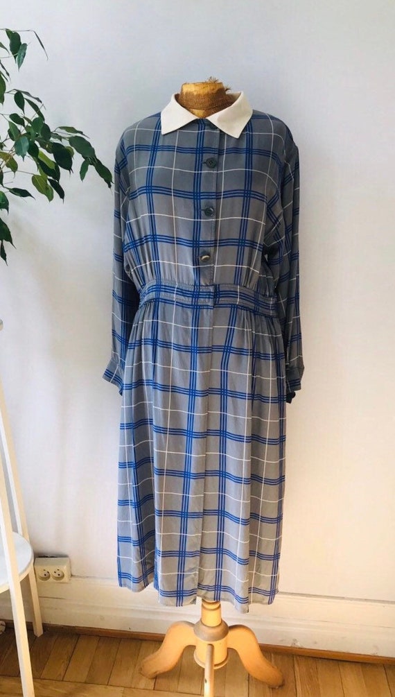 Vintage silk dress, plaid, blue gray, preppy, libr