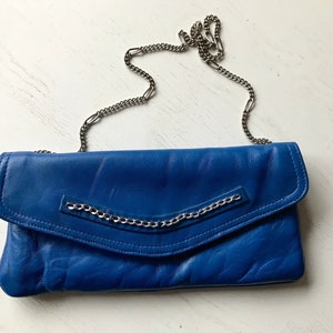 Vintage leather purse, blue, 1980s handbag, chain handle