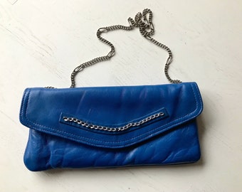 Vintage leather purse, blue, 1980s handbag, chain handle
