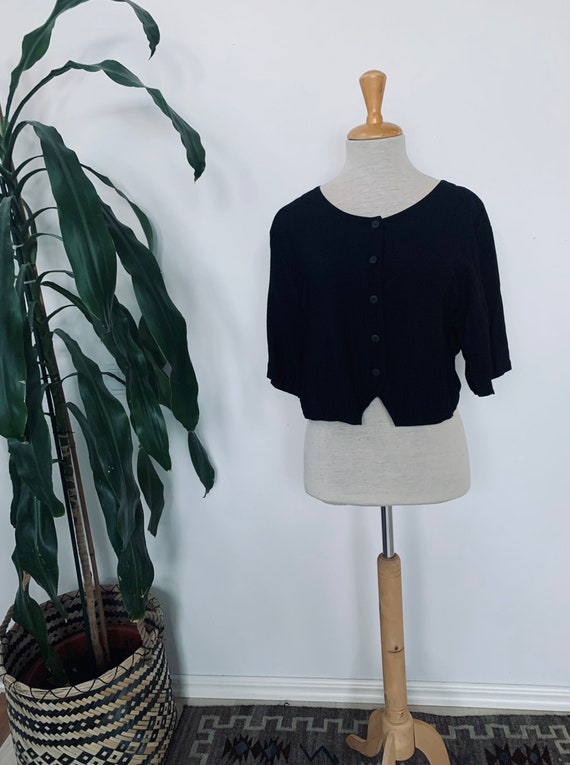 Ladies vintage blouse, 1980s black cotton minimali