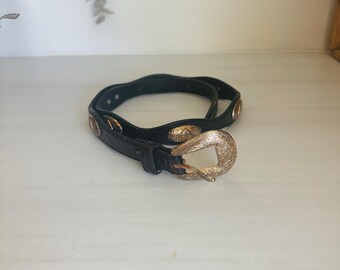 Vintage Leather Belt, Boho Western Accessory | Black, Engraved Silver Hearts - 30-34 Waist, 36.5 Length