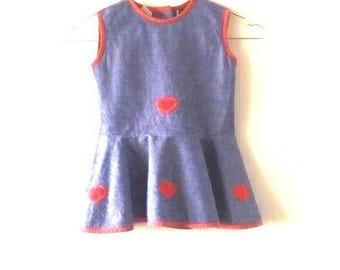 Girls Vintage Dress, Blue Sleeveless, Red Heart Appliqués - Size 110 (4-5 Years) | 100% Cotton