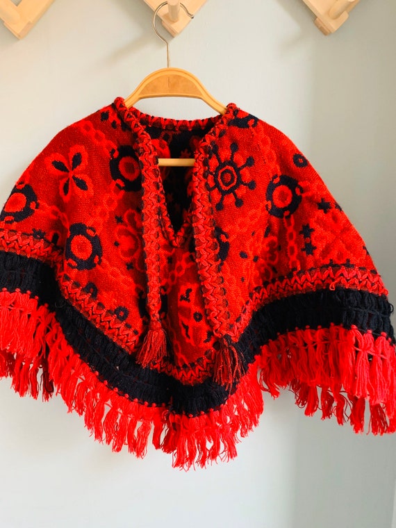 Vintage girls poncho, red and black brocade, frin… - image 2