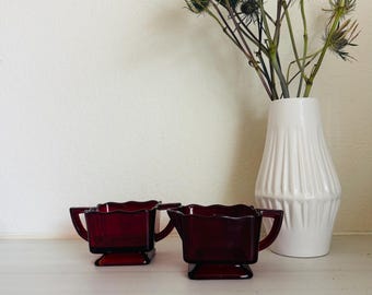 Vintage creamer / sugar bowl set, red glass