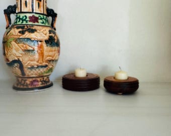 Wood Candle Holder, Boho Vintage Pair Tea Light, Round Engraved Rings - Stackable, Mantel Display, Handmade
