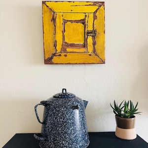 Vintage metal kettle, blue white speckled, enamelware