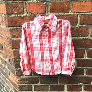 Boys vintage shirt, red plaid, long sleeve, button up/down