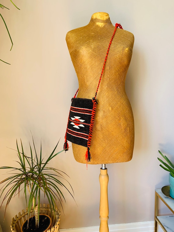 Vintage woven bag, boho purse / tote, tassel, red 