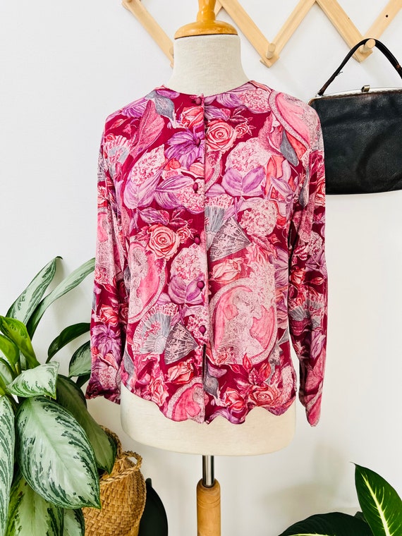 Ladies vintage blouse / top / shirt, pink, chinoi… - image 2