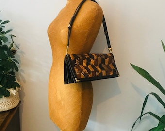 Vintage 1970s purse, brown patchwork snakeskin leather