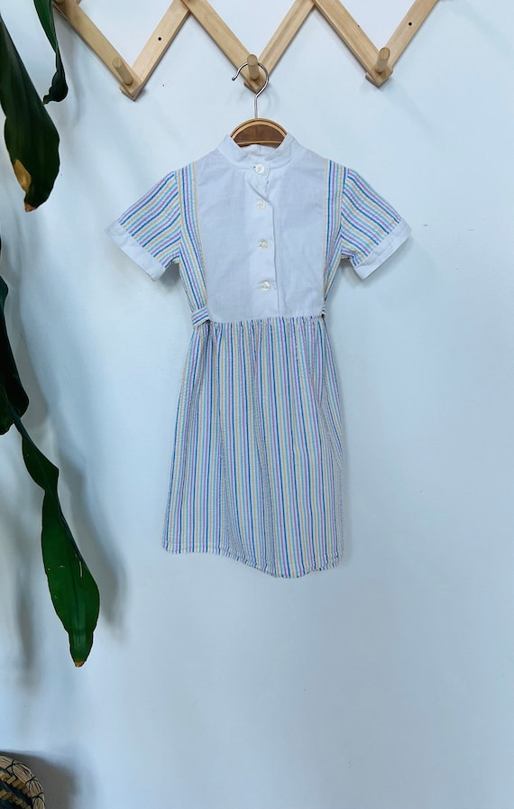 Girls vintage dress, striped, 1980s, colorful, whi