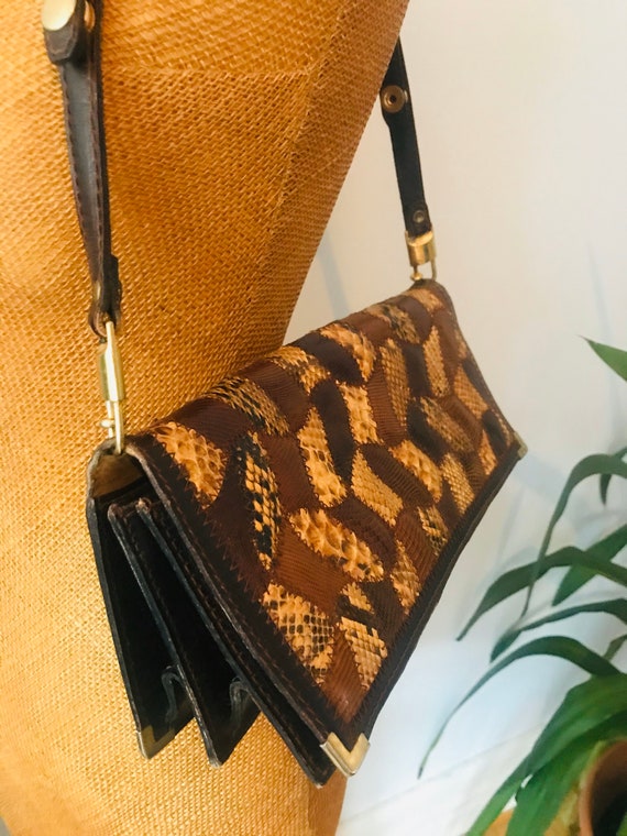 Vintage 1970s purse, brown patchwork snakeskin le… - image 3