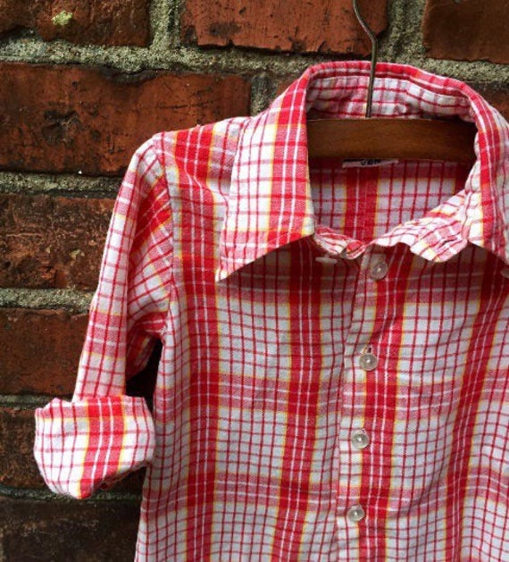 Boys vintage shirt, red plaid, long sleeve, butto… - image 4