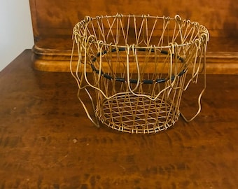 Vintage Egg Basket, Gold Wire Farmhouse Decor - Metal Container, Shabby Chic Accent, Midcentury Kitchen Display