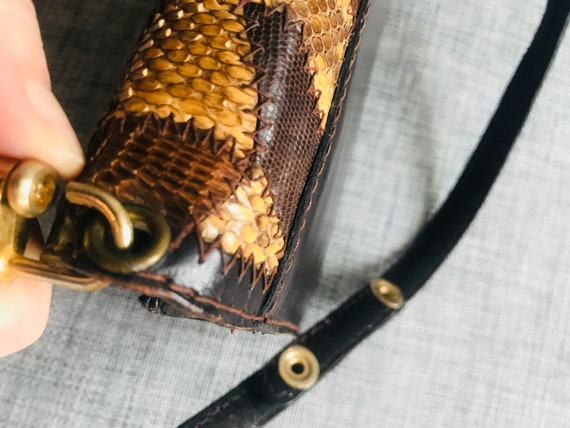 Vintage 1970s purse, brown patchwork snakeskin le… - image 7