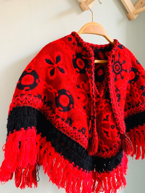 Vintage girls poncho, red and black brocade, frin… - image 3