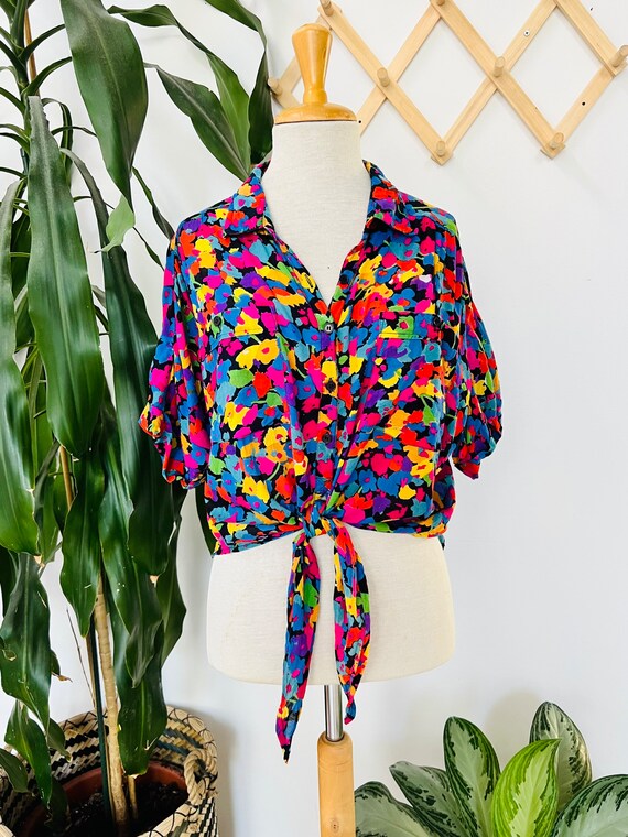 90s Vintage Orange Bold Print Draw String Bell Sleeve Sheer Blouse main image 1