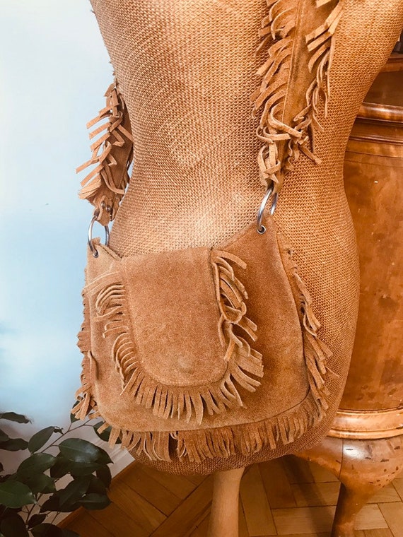 Vintage suede leather bag boho purse fringe 1960s