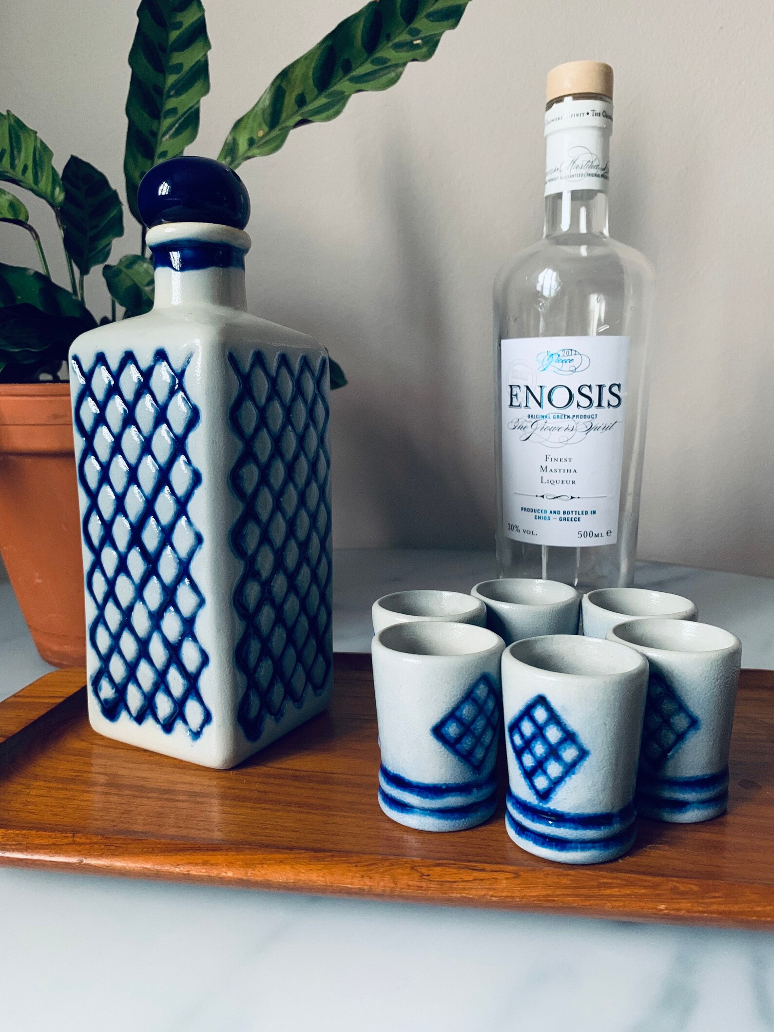 Vintage Decanter Shot Glasses Blue White Ceramic Etsy