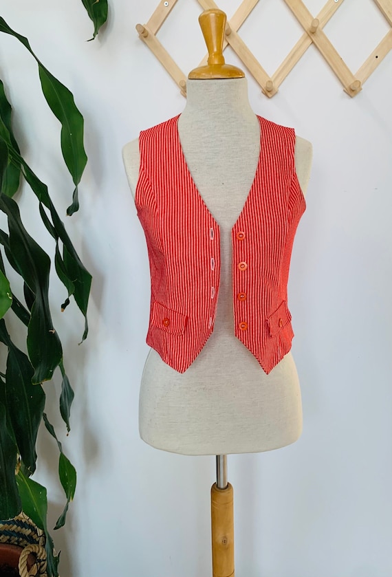 Ladies vintage vest, red white stripes, denim, boh