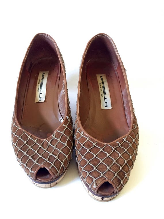 Ladies vintage shoes, brown suede leather, peep t… - image 2