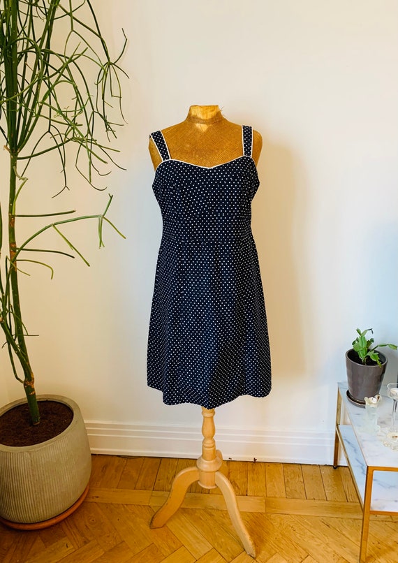 Vintage summer dress, blue white polka dots, cott… - image 1