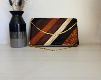Vintage 1970s purse, brown leather snakeskin, chain handle