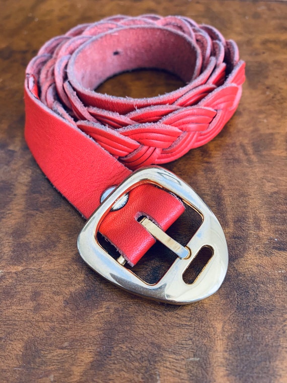 Vintage Braided Belt—red Leather, Ladies, Gold Metal Buckle  display picture 3
