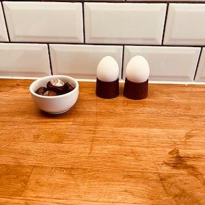 Vintage teak wood egg cups, Scandinavian mid century