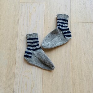 Vintage hand knit  socks—gray wool with navy stripes