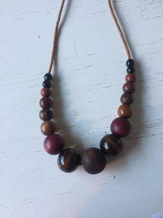 Vintage beaded necklace, boho, modern, wooden bead