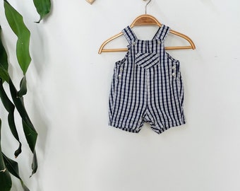 Vintage baby overalls / shortalls, plaid, blue and white, cotton