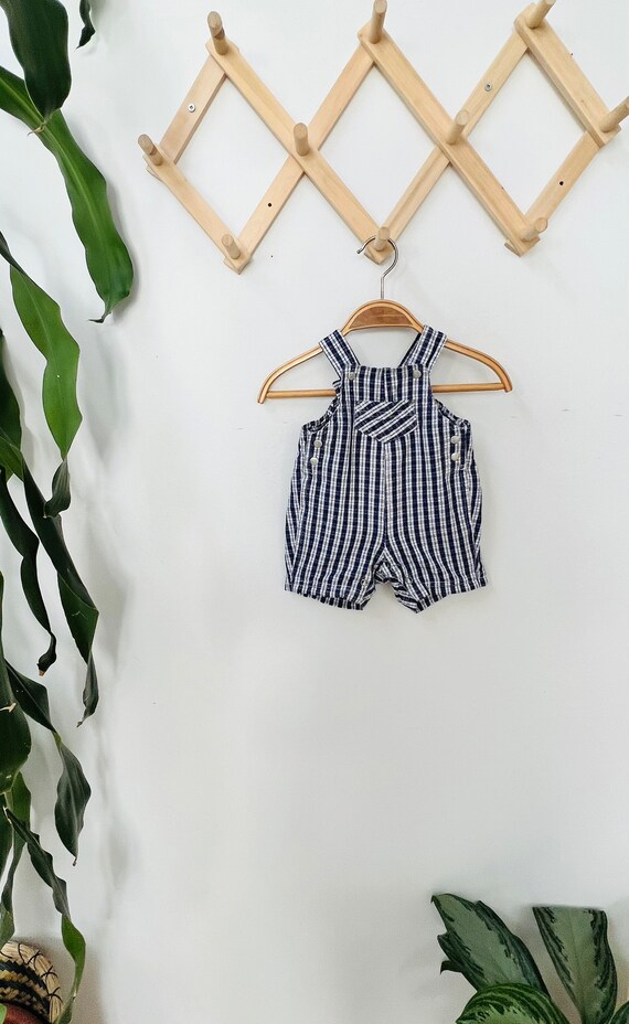Vintage baby overalls / shortalls, plaid, blue and