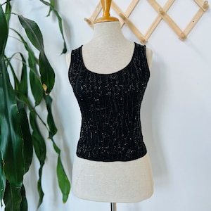 Vintage beaded tank top, sleeveless, black, sheer, French