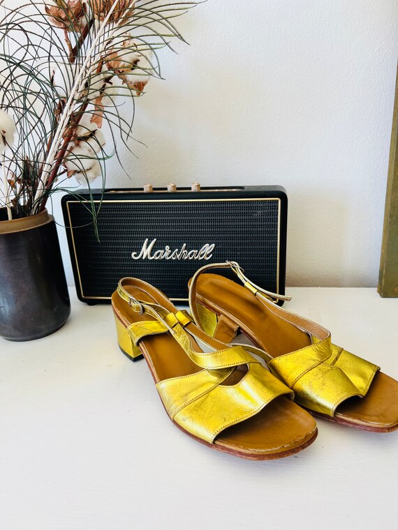 Vintage leather shoes, gold leather, ladies, dres… - image 2