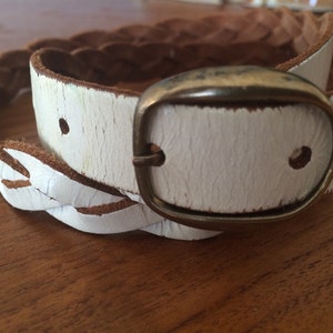 Vintage braided belt, white leather, boho chic, tomboy, skinny