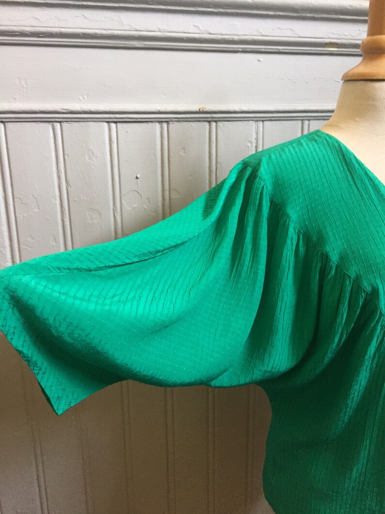 Puede incluir: Una blusa verde de seda con cuello en V y mangas abullonadas.