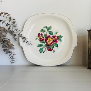 Vintage Rose Platter, Paden City Pottery Square, Wild Rose Center | Ceramic Serving Plate | 13.5 X 11.25 In