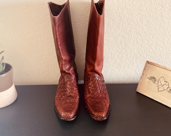 Vintage leather boots, woven, boho, Brazil