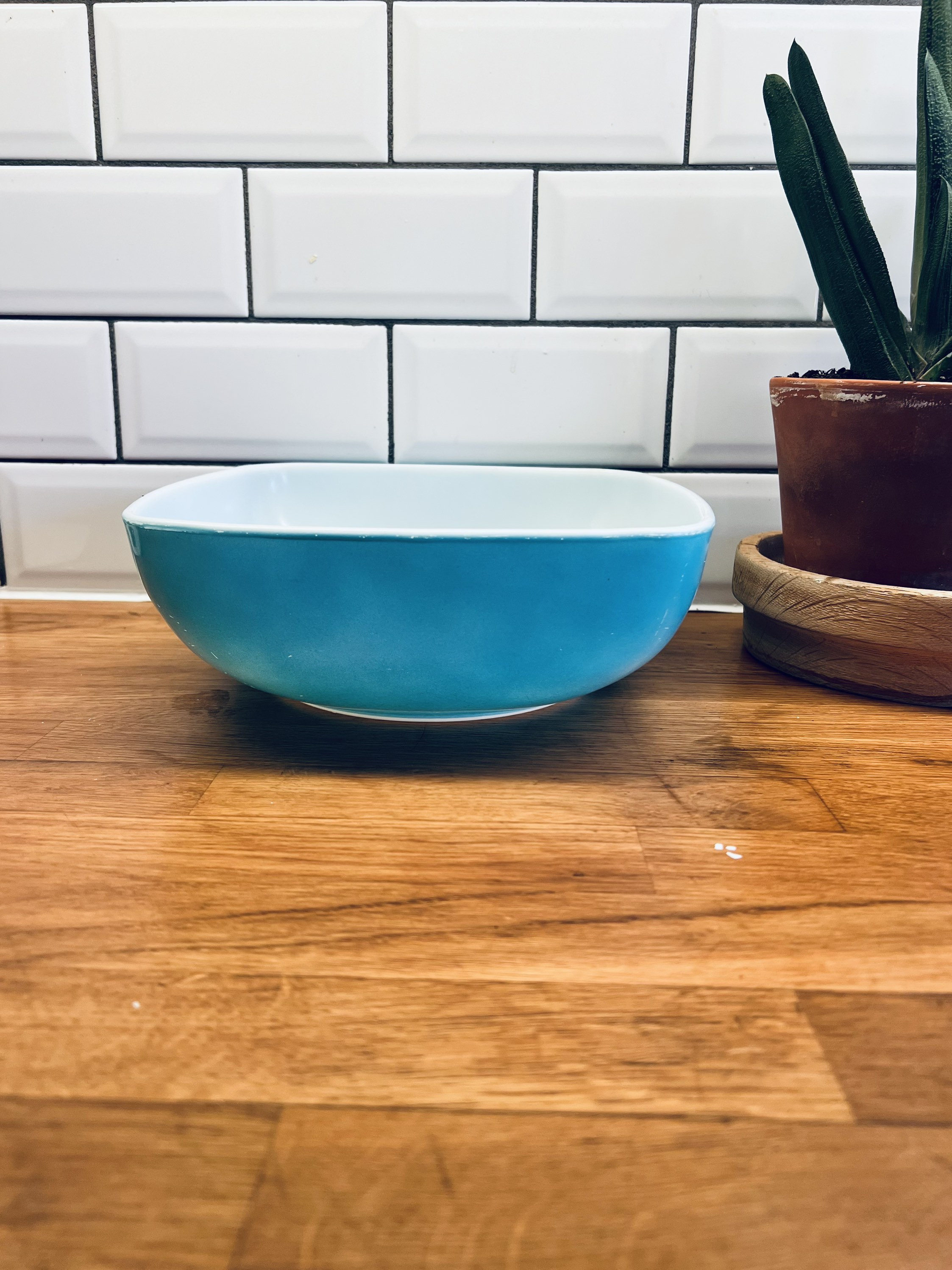 Vintage Pyrex Bowl, Blue White, Square Round, Nostalgic