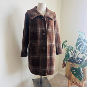 Vintage Winter Coat, Brown Plaid Wool Jacket - Cozy Faux Fur Lining, Three Button Front, Pockets, Sculpted Collar