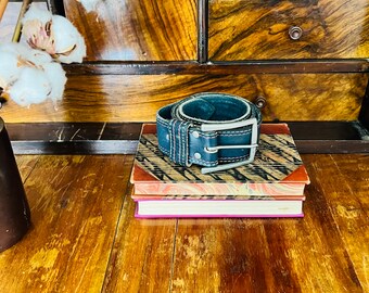 Vintage leather belt, blue, silver metal buckle, boho chic, unisex