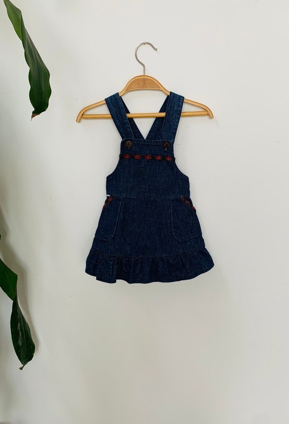 Toddler girls dress, denim, overall, plaid trim, r