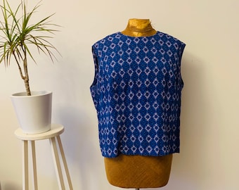 Vintage ladies top, silk, indigo blue, graphic print, woman