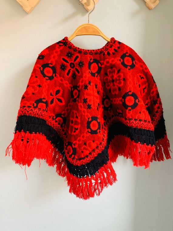 Vintage girls poncho, red and black brocade, frin… - image 10