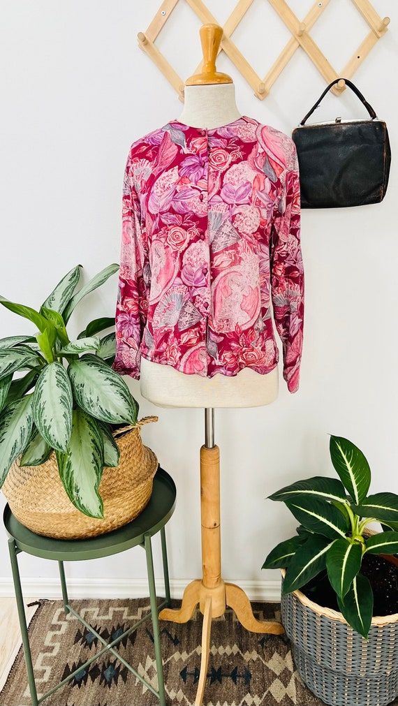 Ladies vintage blouse / top / shirt, pink, chinoi… - image 1