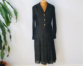 Vintage pinstripe dress, 1960s long sleeve, black gold sparkle